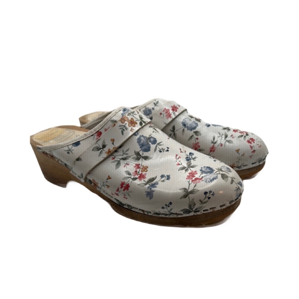 Moheda Linnea Sz 39 White‎ Floral Cottage Core Swedish Clogs Wooden Sole